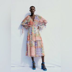 ZARA Blogger Favorite Patchwork Flowy Midi Dress New With Tags